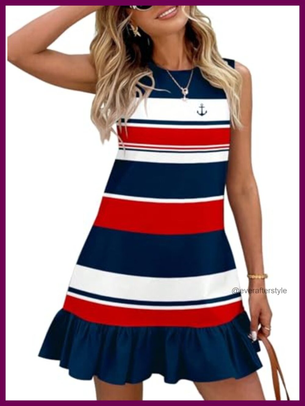 Sleeveless Striped Sundress with Anchor Embroidery and Ruffled Hem